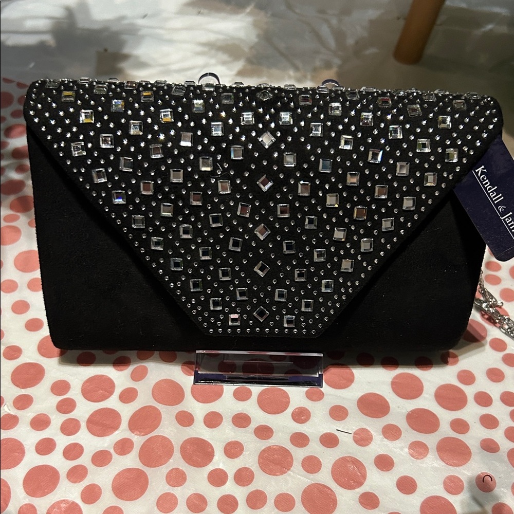 Kendall & James Black Crystal-Studded Envelope Clutch with chain crossbody